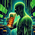 DALL·E 2023-11-17 17.00.36 - An abstract surreal illustration representing the concept of The Matrix drinking a beer. The image features a stylized, anthropomorphic representat.png